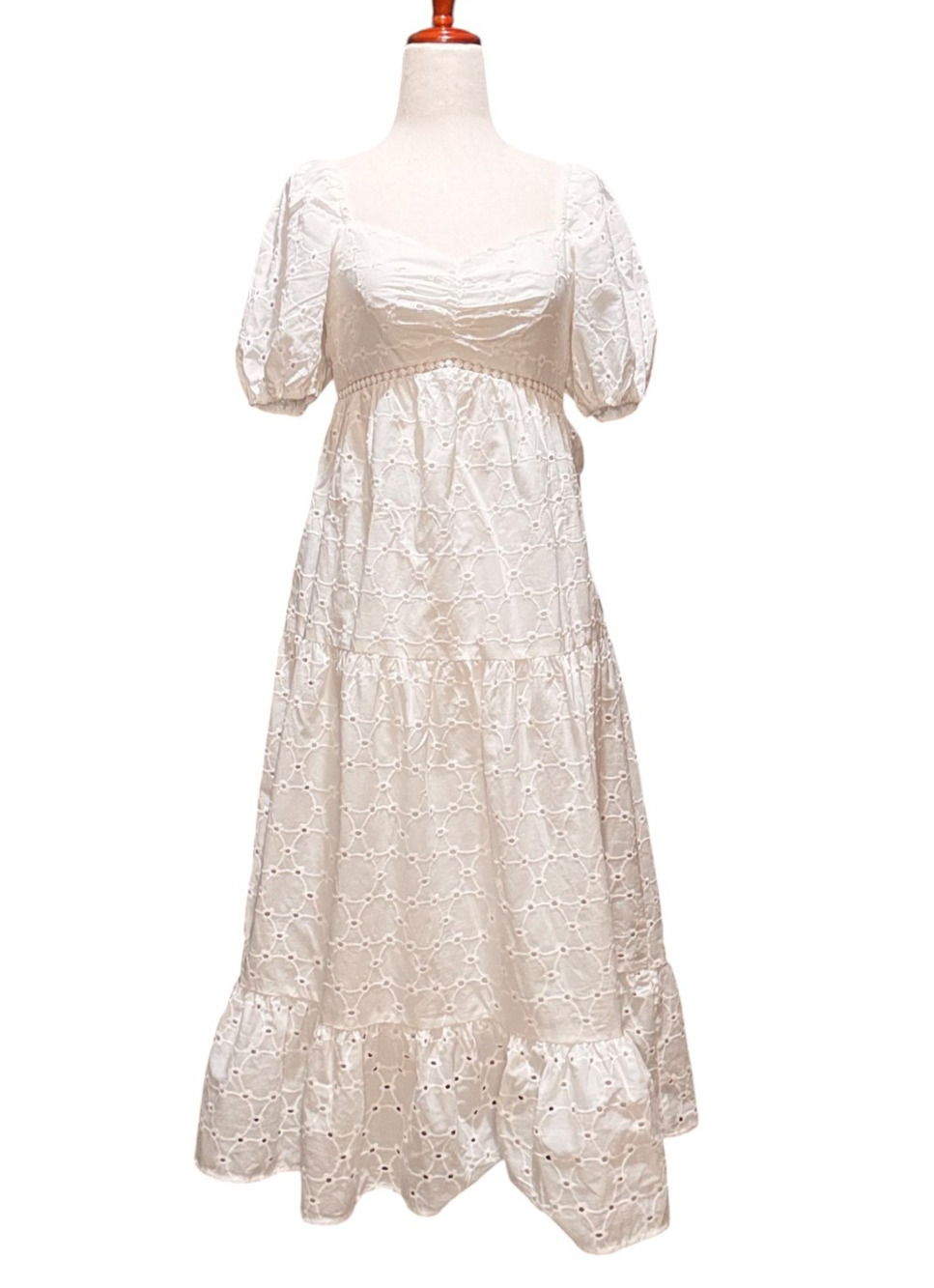 White Eyelet Embroidered Maxi Dress Puff Sleeve Tiered Cottagecore size S